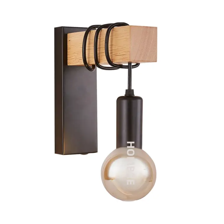 Lámpara De Pared Industrial Retro De Hierro Y Madera Nórdica E27 Para Interior Luz De Noche Para Dormitorio Y Comedor - 1