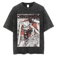 Camiseta Vintage Washed Chainsaw Man Anime Para Hombres Harajuku Oversize Tee Algodón Moda Streetwear Unisex Tops Ajustable - details 8