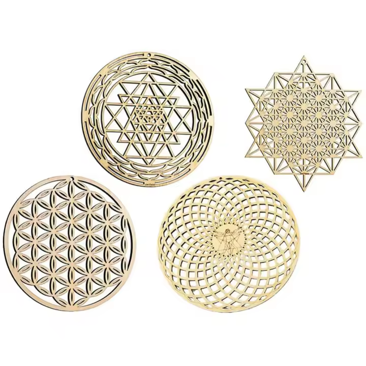 Arte de pared de Geometría Sagrada, 4 piezas, flor de la vida, decoración de acento de madera, tablero de rejilla de cristal de madera, escultura de pared de madera - 1