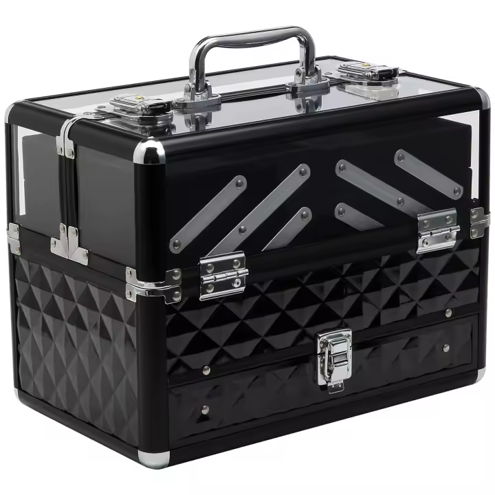 HOMCOM Maletín de Maquillaje Bisutería Organizador Cosméticos Portátil Múltiples Niveles Con Asa y Bandejas Desplegables Aleación de Aluminio 30x18,5x22 cm Transparente y Negro - 1