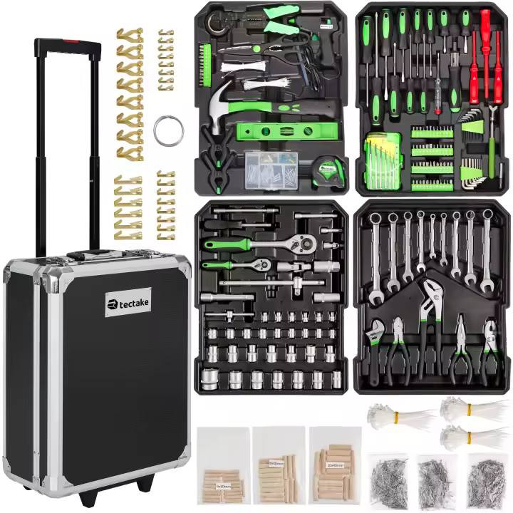 Tectake - Maletín de herramientas profesional con 1200 piezas, Carro de herramientas con asa telescópica, Caja de herramientas completa con 4 niveles, Carro de herramientas para taller mecánico, Bricolaje, Aluminio, Maleta de herramientas - 1