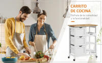 Carro de Cocina Carrito Auxiliar con Ruedas Carrito Verdulero con Tablero de Madera 3 Cajones 2 Estantes Abiertos y Bandeja Extraíble para Comedor Salón 67x37x85,5 cm Blanco - details 0