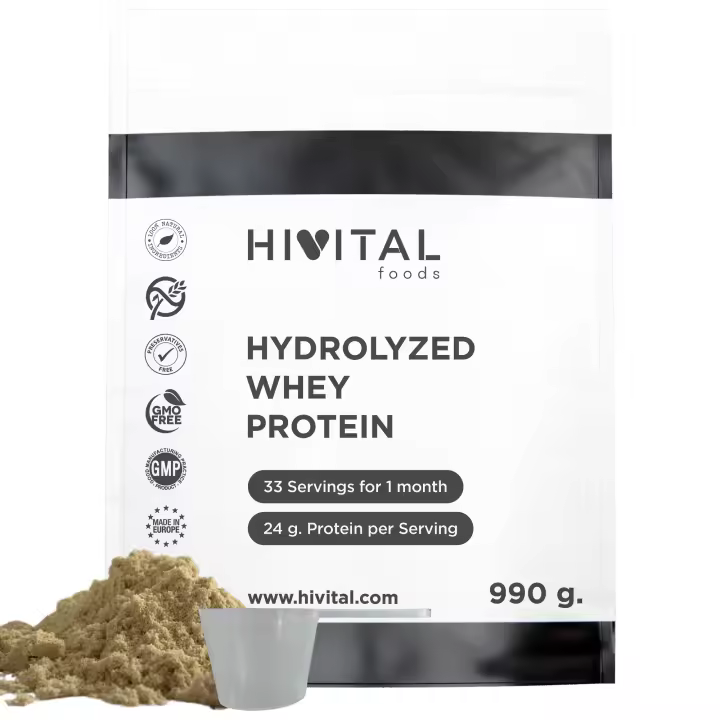 Whey Protein 990 g para 1 mes de tratamiento. 24 g al día de Proteina Natural de Suero de LECHE. Protein a base de Concentrado y Aislado de Proteína de Suero de LECHE. Con Aroma Natural de Chocolate. Hivital - 1