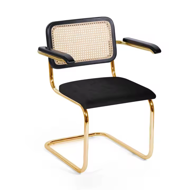 Silla Webster LÚZETE - Elegante Diseño - Terciopelo Negro - Rattan Natural - Patas Doradas - 1