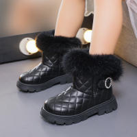 Botas De Invierno Para Niñas De Moda Con Pelo De Pluma Grueso Y Cálido Color Sólido Botas Cortas Para Niñas Estilo Británico Con Cierre SLIP-ON Talla Verdadera - details 16