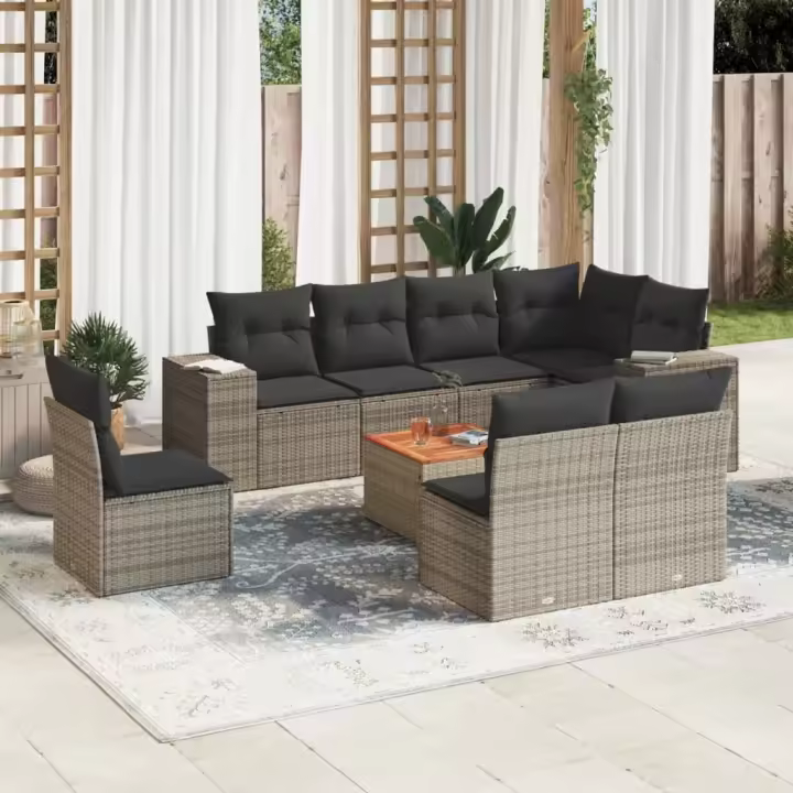 vidaXL Set de muebles de jardín 9 pzas y cojines ratán sintético gris - 1