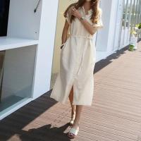 Vestido Camisa De Mujer REALEFT 2024 Primavera Lino Monabroca Con Bolsillo Cintura Alta Casual Suéter Solido Con Cordón - details 4
