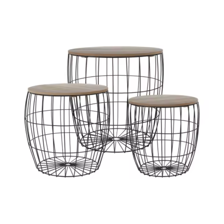 Start Electric | Set de 3 Cestas Multiusos Pongotodo con Función de Mesa Auxiliar, Tapa de Madera y Cuerpo de Metal (41 cm, 37 cm, 32 cm) - Organización Versátil y Diseño Práctico para el Hogar | Marca Gerimport - 1