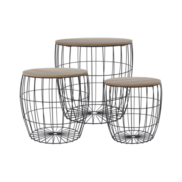 Start Electric | Set de 3 Cestas Multiusos Pongotodo con Función de Mesa Auxiliar, Tapa de Madera y Cuerpo de Metal (41 cm, 37 cm, 32 cm) - Organización Versátil y Diseño Práctico para el Hogar | Marca Gerimport