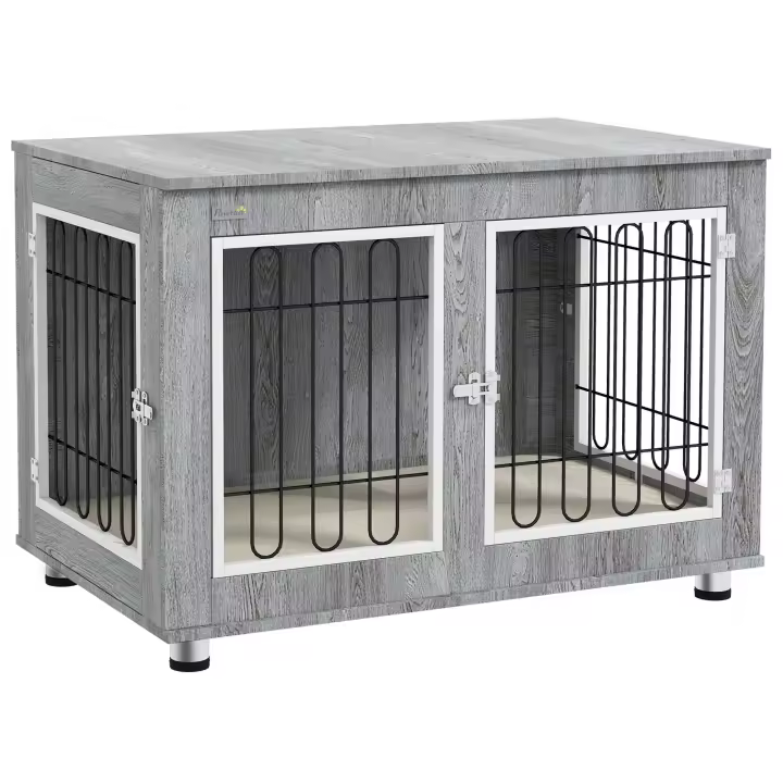 PawHut Jaula para Perros, Casa para Perros, Jaula para Mascotas con cojín, 2 Cierres para Perros medianos, Jaula para Perros con Puertas Dobles, Casa para Perros, Gris, 90 x 58 x 65 cm - 1