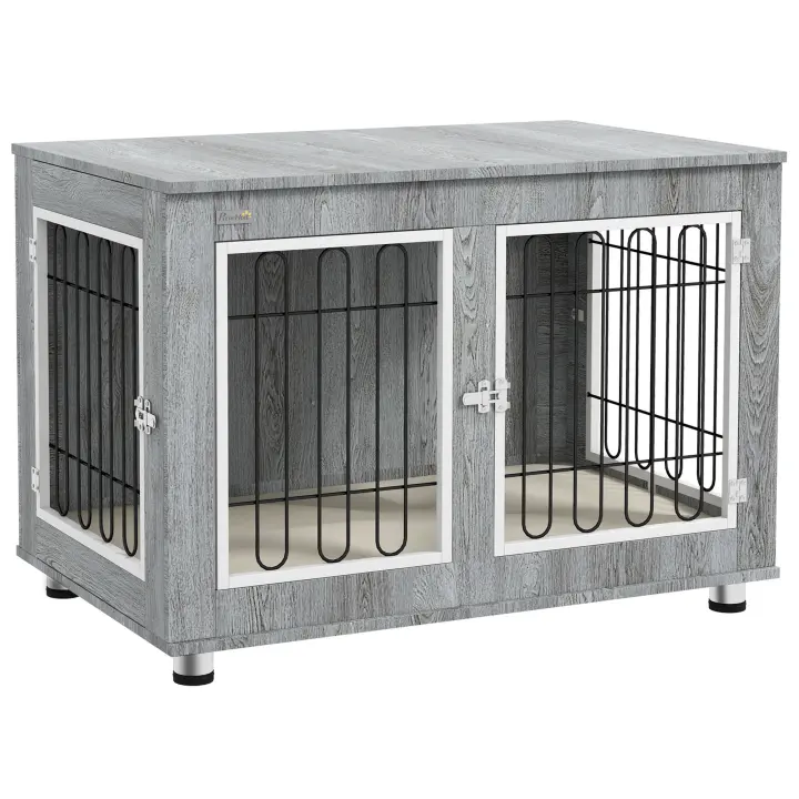 PawHut Jaula para Perros, Casa para Perros, Jaula para Mascotas con cojín, 2 Cierres para Perros medianos, Jaula para Perros con Puertas Dobles, Casa para Perros, Gris, 90 x 58 x 65 cm - 1