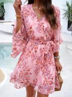 Vestido A-Line De Pierna Larga Para Mujer Con Estampado Floral Elegante Cuello V Manga Corta Estilo Casual Vestido De Verano Primavera - details 9