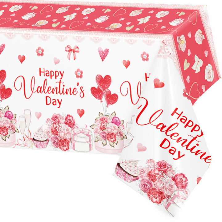 1pcValentine's Day TableclothHappy Valentine's DayPink Rose Disposable Party Decoration Plastic Tablecloth