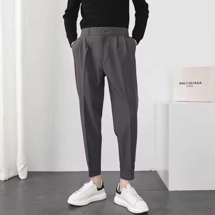 Pantalones Casuales Para Hombre Con Cintura Elástica Y Pierna Delgada Estilo Coreano Pliegues Ajustados Pantalones De Chaqueta Trenzados Callejeros - 1