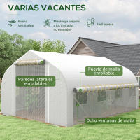 Outsunny Invernadero de Túnel 4x3x2 m Invernadero de Jardín con Puerta de Malla y 8 Ventanas Invernadero de Huerto con Techo Puntiagudo Persianas y Enrollables para Cultivos Plantas Verduras Blanco - details 3