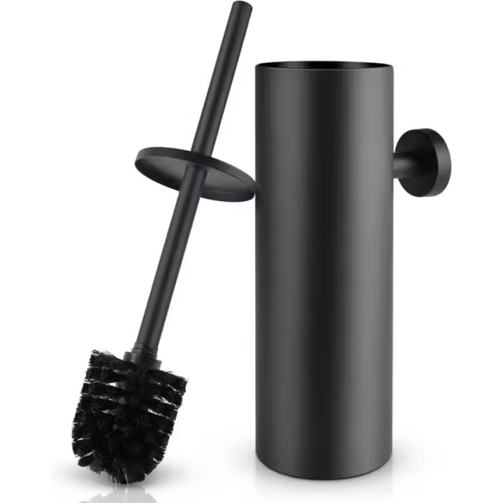 Escobillero con portaescobillas de pared y soporte con tapa para baño en acero inoxidable negro - 1