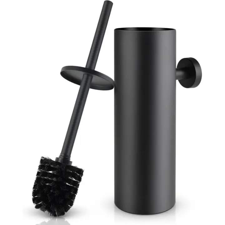 Escobillero con portaescobillas de pared y soporte con tapa para baño en acero inoxidable negro - 1