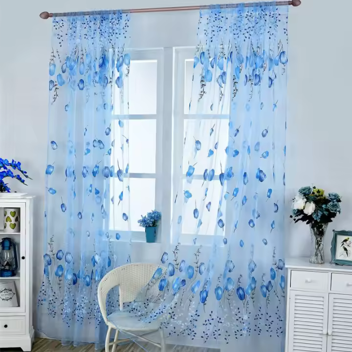 Panel De Cortina Transparente Floral Azul Para Dormitorio Cocina Niños Estilo Coreano Japonés Con Patrón De Tulipán - 1