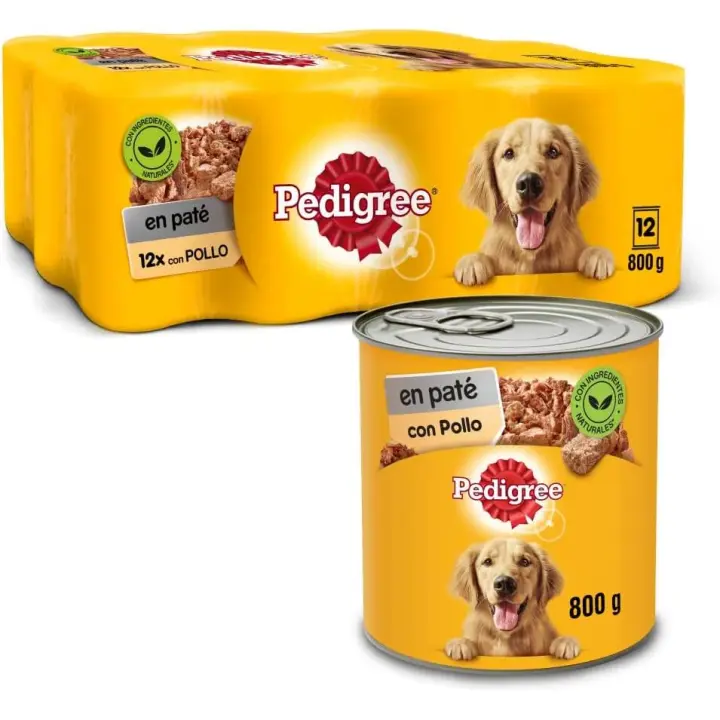 Pedigree - Comida Húmeda para Perros Sabor Pollo en paté (Pack de 12 latas x 800g) - 1