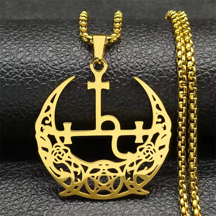 Collar Pendentivo De Luna Tríplice Y Pentagrama Para Hombres Y Mujeres En Acero Inoxidable Color Oro Joyería De Demonio Satán Lilith Para Fiesta - 1