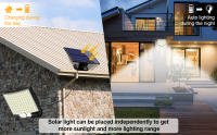 luz solar exterior， Lámpara de pared solar con 346 LED, sensor de movimiento, luz de seguridad exterior/interior solar, 3 modos de iluminación, 3-cabezal de luz de inundación solar, montaje semi empotrado, baja tensión, control de botón - details 1