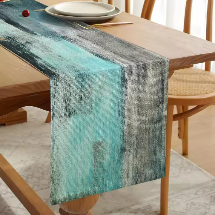 Camino de mesa verde azulado Camino de mesa de lino Espesar Tela decorativa azul turquesa y gris para mesa de centro - 33 cm x 180 cm - 1