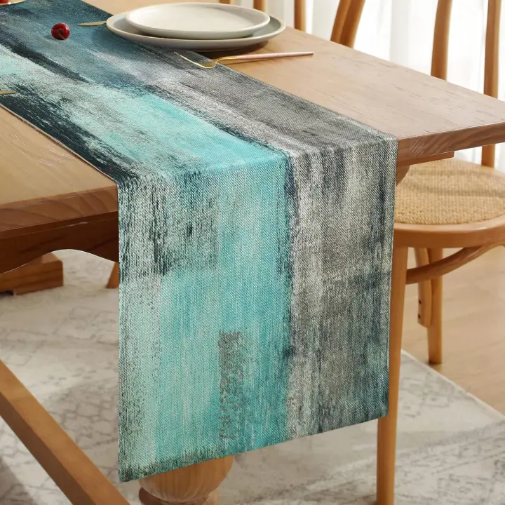 Camino de mesa verde azulado Camino de mesa de lino Espesar Tela decorativa azul turquesa y gris para mesa de centro - 33 cm x 180 cm - 1
