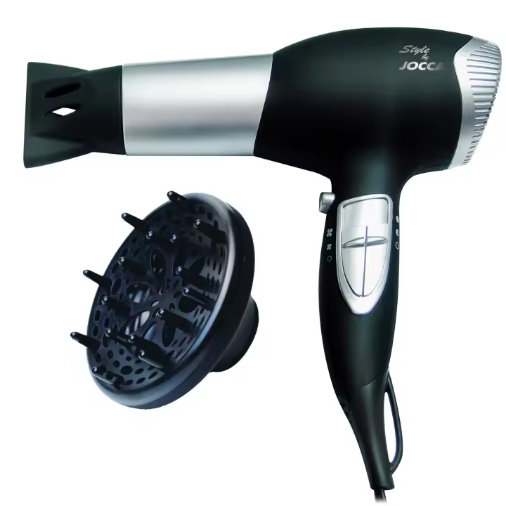 Secador de pelo Jocca con 2 velocidades, 2 temperaturas, chorro de aire frío y un práctico gancho para colgar. Silencioso, elegante y potente. Incluye difusor y boquilla direccional. Apto para cabellos lisos, ondulados o rizados. - 1