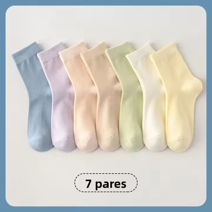 7 Pares De Calcetines De Algodón Para Mujer Estilo Universitario Medio Tubo Sólido Antiguo Y Esencial De Olor a Aceite De Esencia Fácil De Combinar - 1