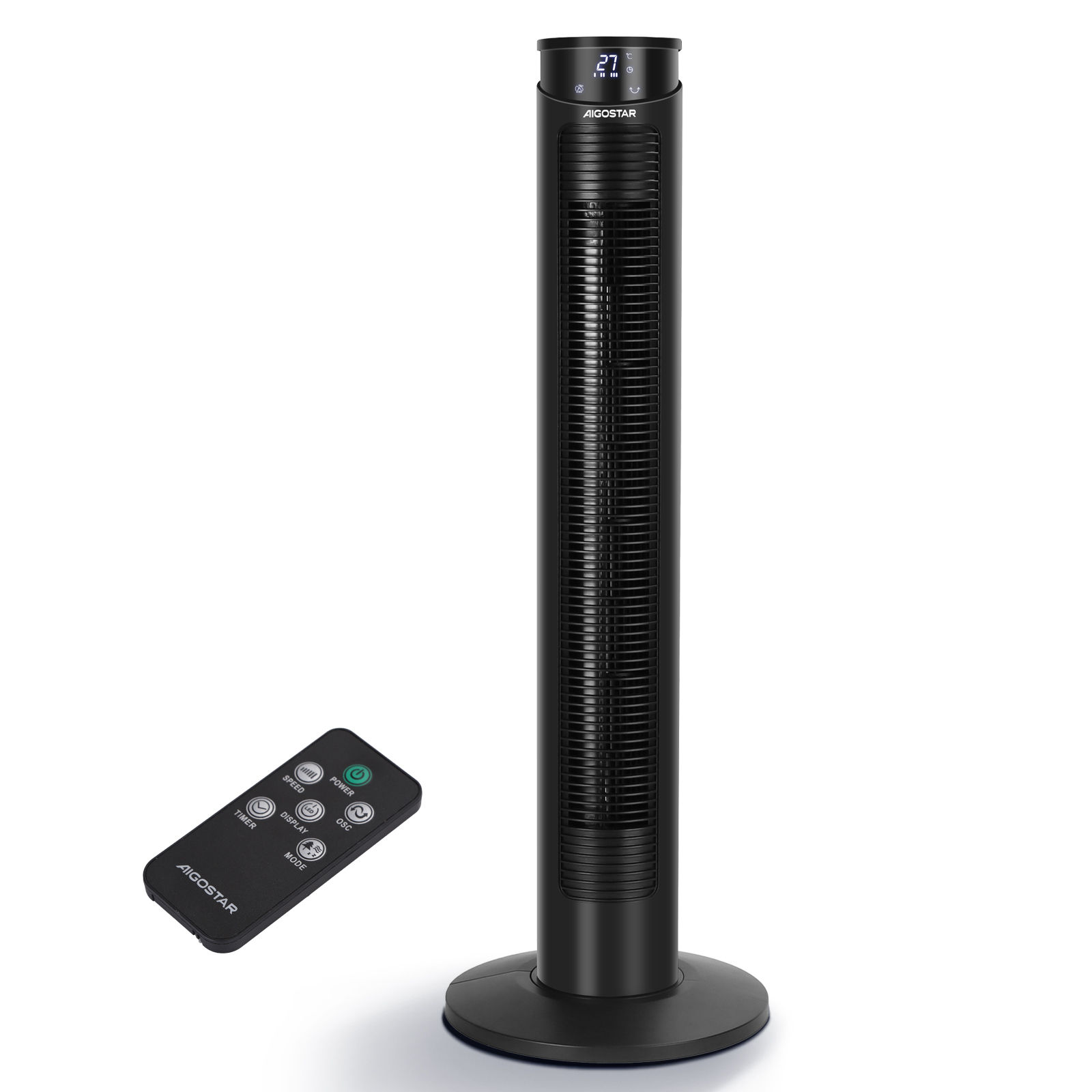 AIGOSTAR Ventilador de Torre con Mando a Distancia y Temporizador de 12 Horas, Pantalla LED, 3 Velocidades y 4 Modos.