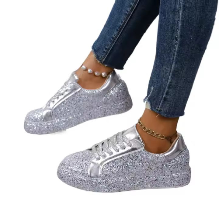 Zapato Casual Para Mujer Magnífico En Plata Con Cordones Cómodo Tallas Grandes Moda 2024 Material Superior PU Zapatos Planos - 1