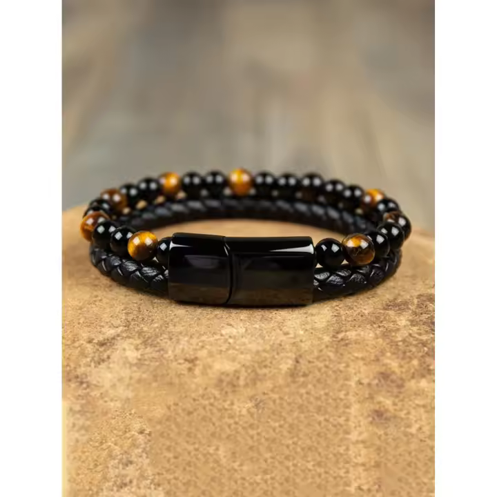 Pulsera De Ojo De Tigre Con Obsidiana Negra Para Hombres Pulsera De Acero Con Piedras De Calma Y Sanación Para Meditación Y Protección Espiritual - 1