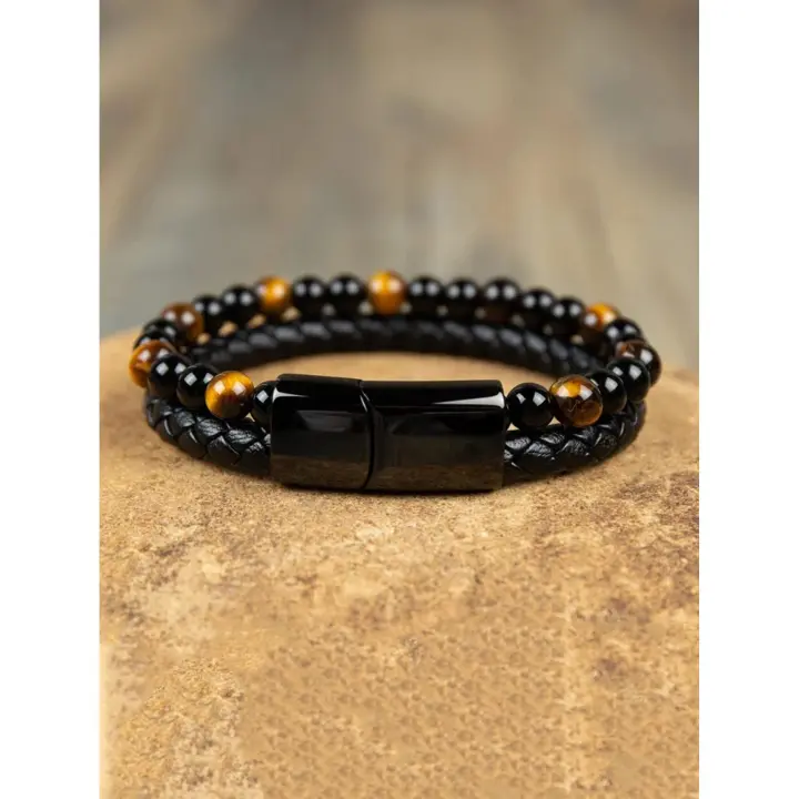 Pulsera De Ojo De Tigre Con Obsidiana Negra Para Hombres Pulsera De Acero Con Piedras De Calma Y Sanación Para Meditación Y Protección Espiritual - 1