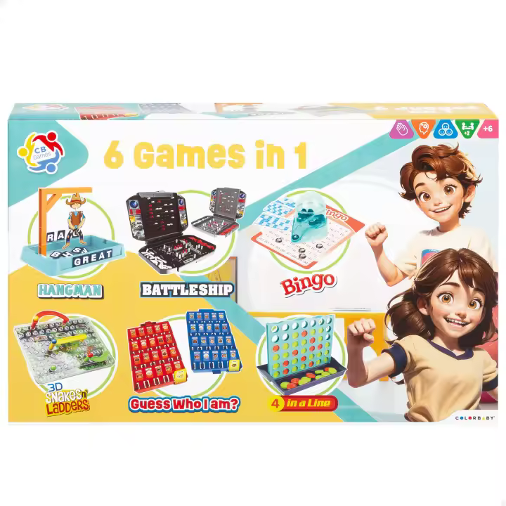 COLORBABY - Set 6 juegos de mesa, el ahorcado juego de mesa, bingo, serpientes y escaleras 3D, quién es quién, hundir la flota, 4 en línea, para más de 2 jugadores, juguetes niños 6 años - 1