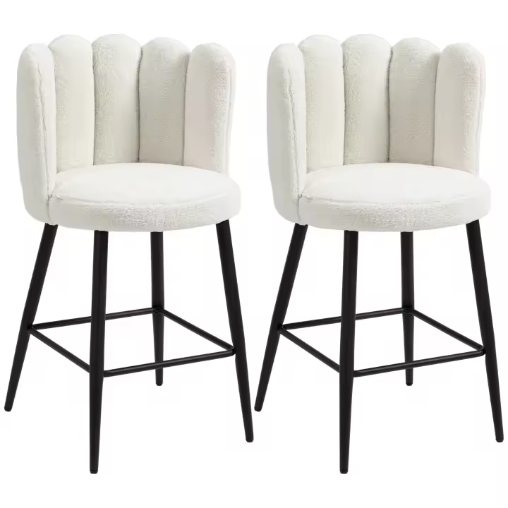 Taburetes de bar HOMCOM, juego de 2, tronas, tejido efecto lana rizado, estructura de acero, altura 65 cm, con respaldo y reposapiés, fácil montaje, asiento alto de cocina, negro crema - 1
