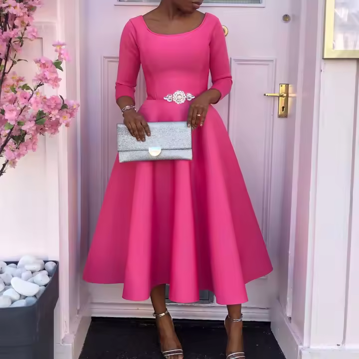 Vestido Elegante Para Mujer 2024 Moderno Cuello Redondo Manga Tres Cuartos Ajustado a La Cadera Vestido De Fiesta Cumpleaños Cena Boda Talla Grande - 1