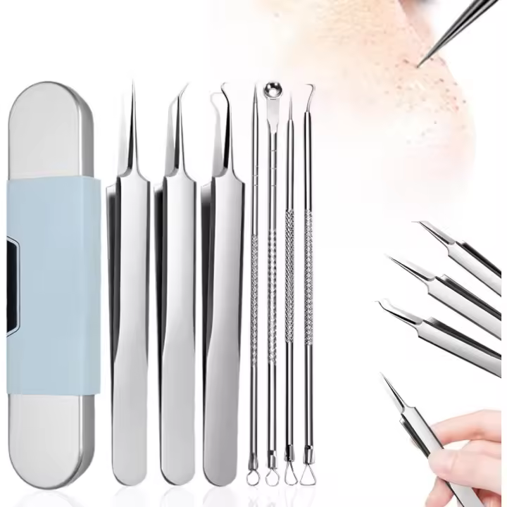 Kit de 7 herramientas de acero inoxidable para eliminar puntos negros, pinzas profesionales para eliminar puntos negros, herramientas de cuidado facial para hombres y mujeres - 1
