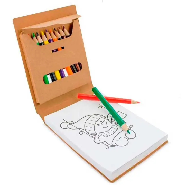 Libretas infantiles de cartón con 12 lápices en madera de colores variados  y 12 Plantillas con diferentes diseños para colorear. Originales regalos para dar como detalles a niños y niñas en fiestas de cumpleaños o eventos en colegios y guarderías. - 1