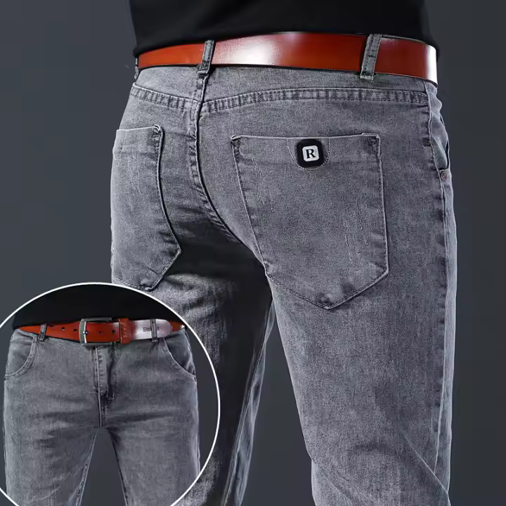Pantalones De Mezclilla Ajustados Para Hombre Estilo Coreano Moda De Otoño Cierre Con Cremallera Y Botones De Moda Versátil Para Jóvenes - 1