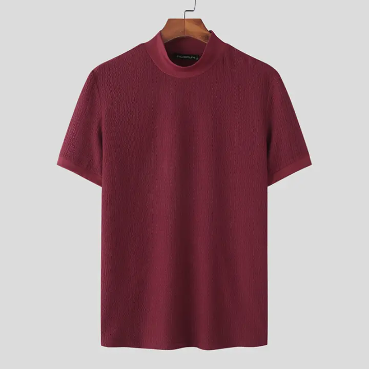 Camiseta De Verano Nueva Moda Cuello Alto Texturizado Casual Streetwear Color Sólido Manga Corta Estilo Coreano Tops Para Hombres - 1