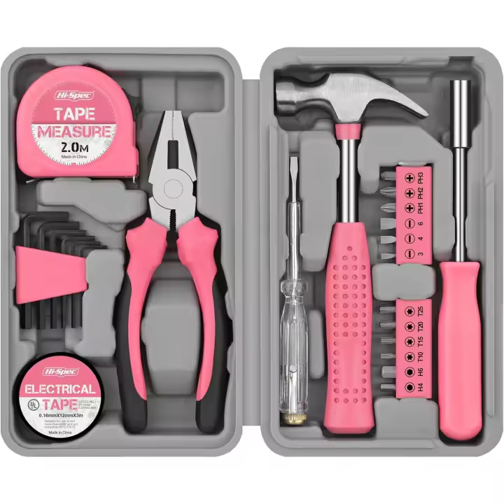 Kit de herramientas rosa de 24 piezas: minijuego de bricolaje para el hogar con herramientas manuales básicas de inicio, caja de herramientas compacta para proyectos de bricolaje femeninos y uso diario. - 1