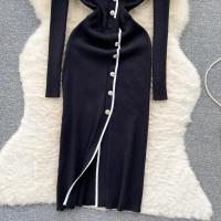 Vestido De Lana Elegante De Otoño Invierno Para Mujer Cintura Alta Botones Cuello Bajado Largo De Contraste Nuevo 2024 - details 3