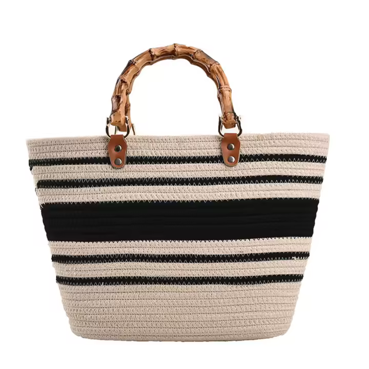 Bolso Grande de paja para Mujer, vintage Bolso de Playa con ASA de Bambú, elegante Bolso de viaje de Verano tejado a mano. - 1