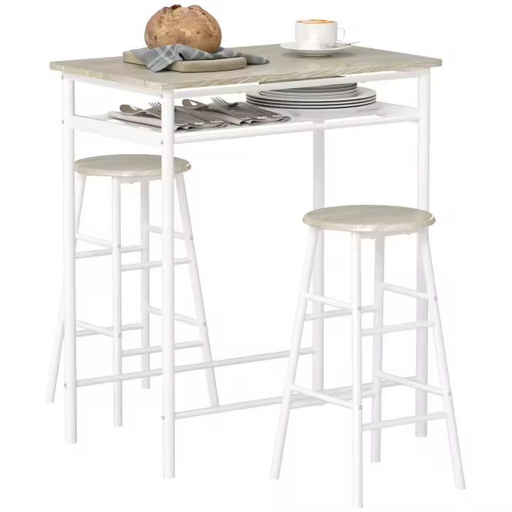 HOMCOM Juego de Mueble de Bar Set de Mesa Alta y 2 Taburetes con Estante de Almacenamiento y Marco de Metal para Cocina Comedor 80x50x90 cm Blanco - 1