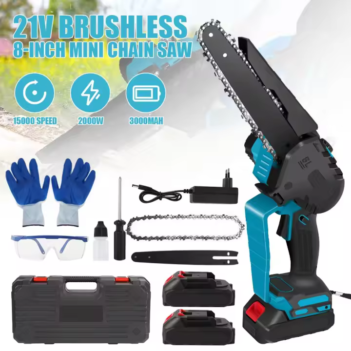 Motosierra eléctrica sin escobillas de 8 pulgadas, sierra recargable de 2000W, 15000RPM, 21V, sierra de cadena inalámbrica, herramientas eléctricas de madera para batería Makita,Dirección ajustable,Interruptor de bayoneta,Con caja de herramientas - 1