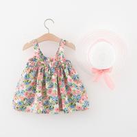Conjunto De 2 Piezas Ropa Infantil Para Niñas Vestido De Verano Estilo Coreano Con Tirantes Flores Y Falda Playa Sombrero Del Mismo Estilo - details 4