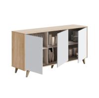 Meimon Aparador KIKUA PLUS de 3 puertas con estantes interiores, fabricado en tablero de partículas melaminizado E1, cantos en PVC, sistema de apertura push, bisagras metálicas, patas ABS en color del mueble, acabado Roble Canadian y Blanco Artik - details 1