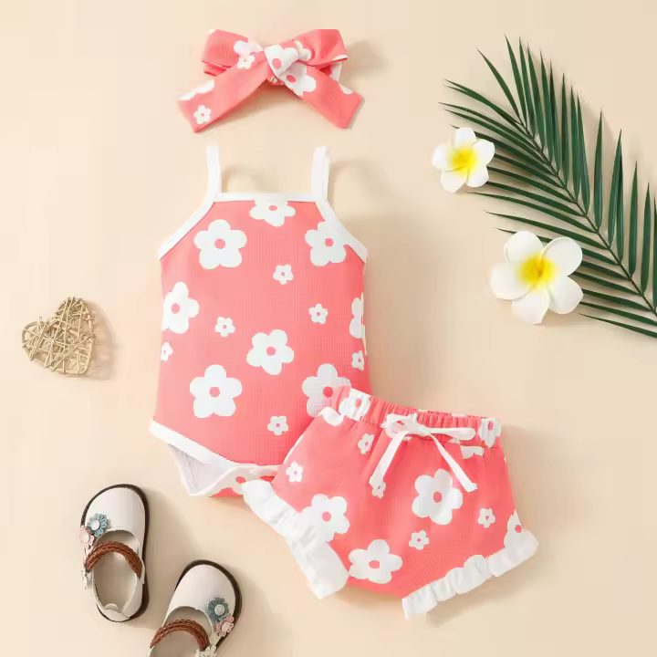 Conjunto Veraniego Para Bebé Niña Con Estampado De Flores Camiseta Y Shorts Con Diadema 2 Piezas Ropa Infantil De Verano - 1