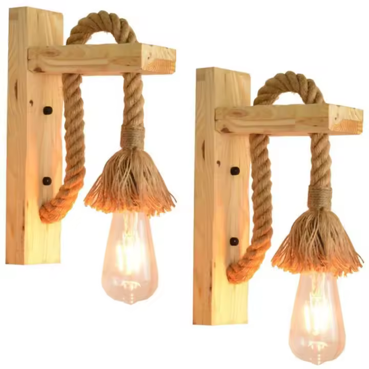 Luces de pared industriales, SDLOGAL Aplique decorativo de madera Lámparas de pared de cuerda de cáñamo para cafetería Hotel Restaurante Accesorio de iluminación E27 Base Edison Bombilla, 2 piezas de luz incluidas - 1