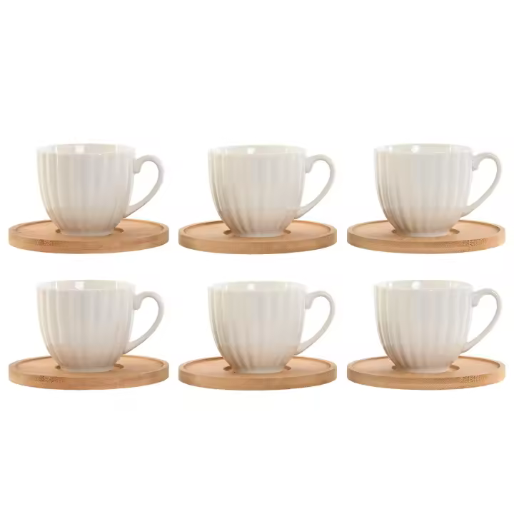 LILI HOME Set de 6 Tazas de Porcelana con Plato de Bambú – Elegancia y Sencillez. OJO !!! Capacidad de las Tazas: 90 ml: Ideal para espresso. 220 ml: Ideal para café americano. Viene en una caja cuidadosamente diseñada, lo que lo conviert - 1
